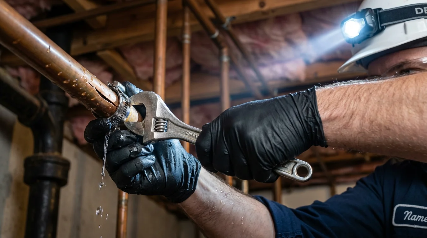 Emergency pipe clamp repair being performed by a Johns Plumbing LLC plumber in Canby
