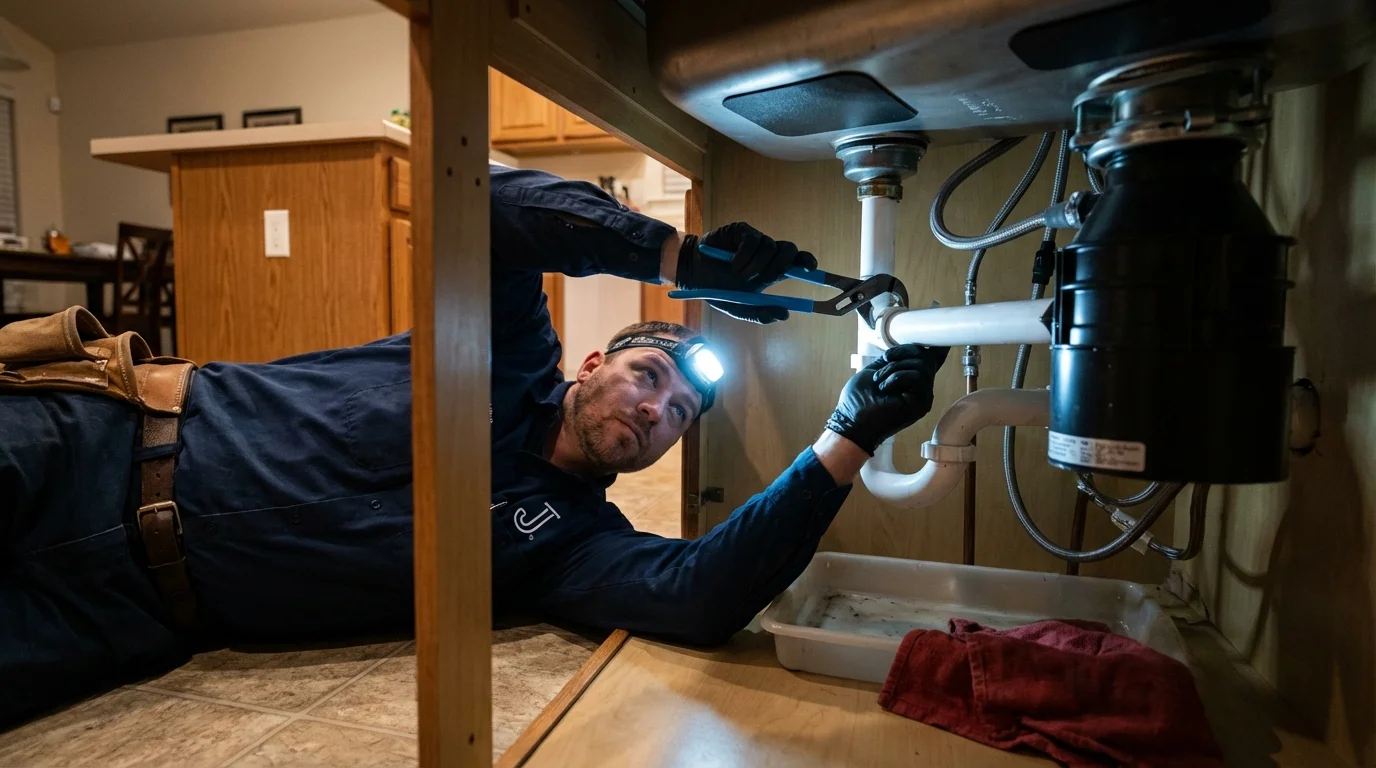 P-trap and supply line connections under a kitchen sink showing a common leak point in Canby, MN